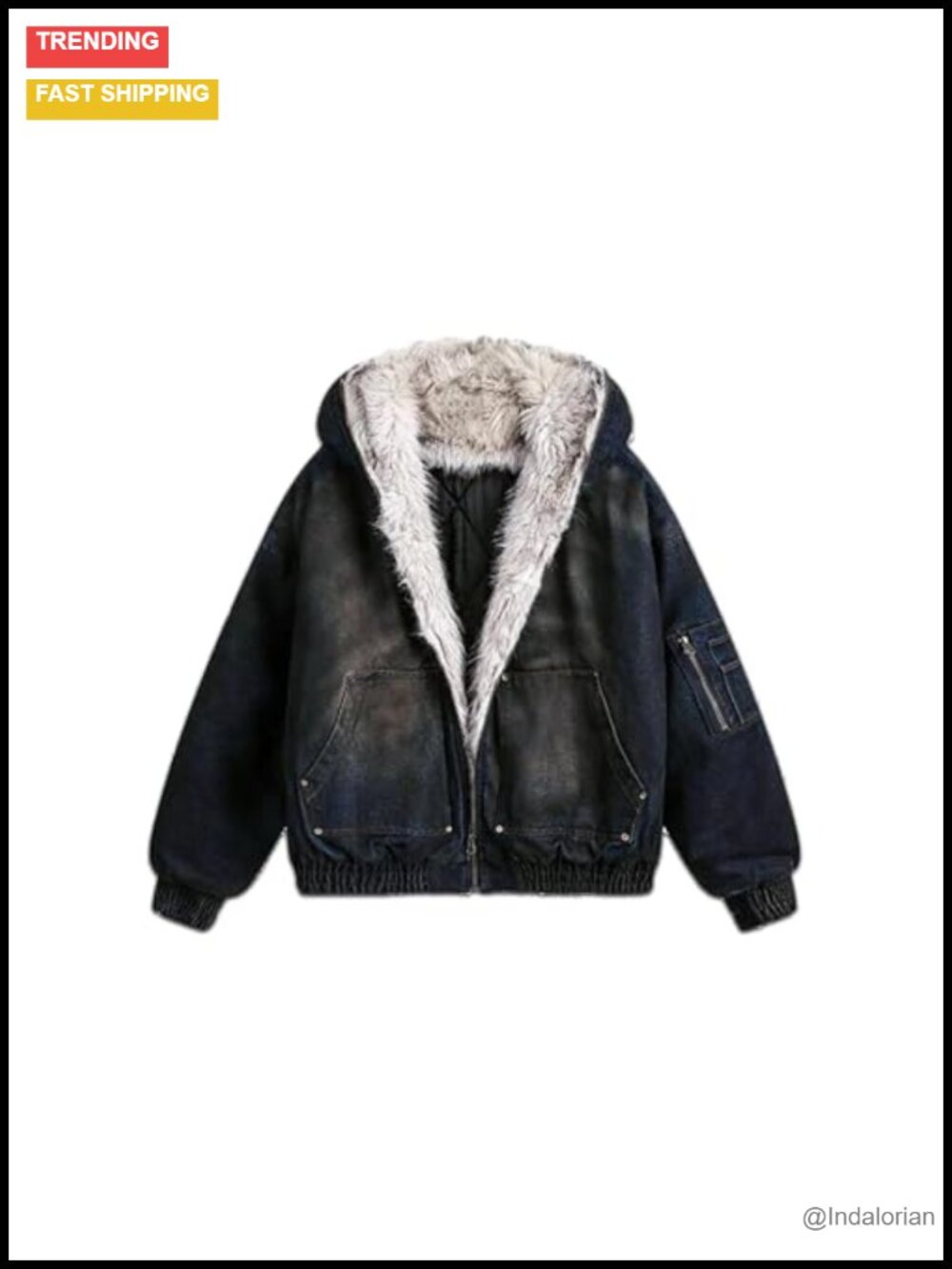 Faux Fur Hooded Denim Jacket Zip Up Lined Winter Coat Streetwear